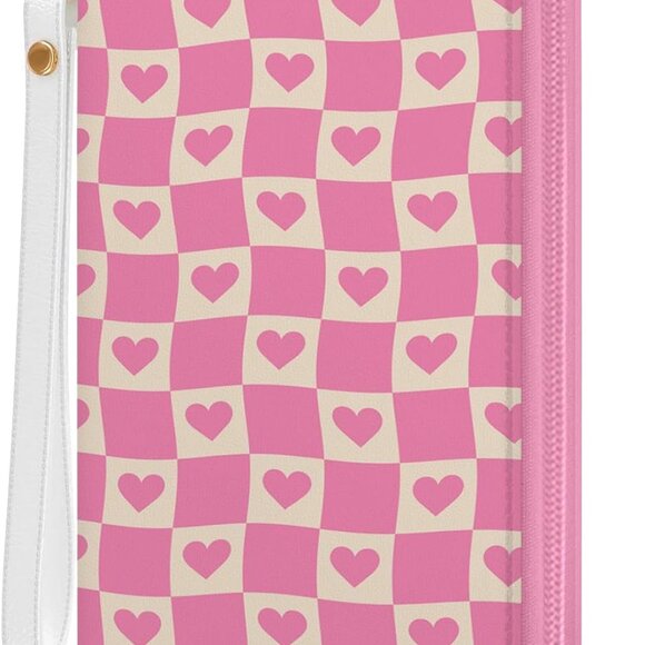 Pink plaid women's RFID blocking wristlet wallet, large capacity, zip around - Picture 1 of 7